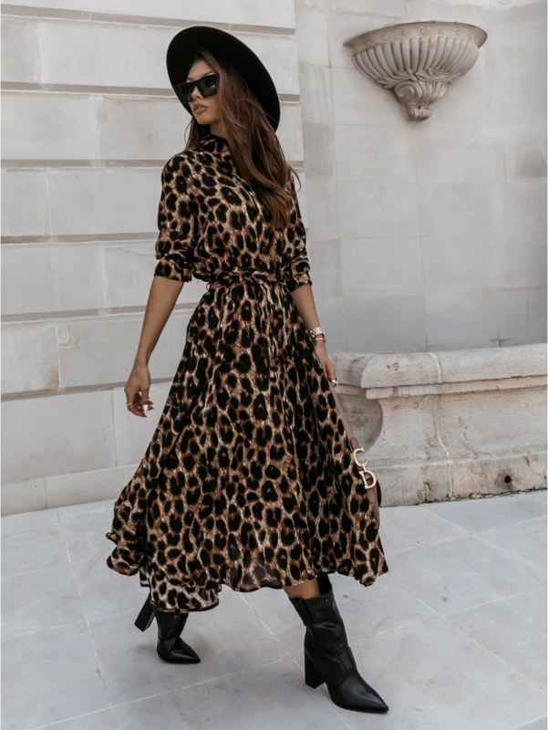 Haljina s leopard uzorkom, dugi rukavi, A-linija silueta, V izrez, midi dužina