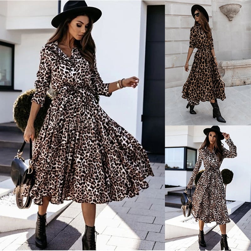 Haljina s leopard uzorkom, dugi rukavi, A-linija silueta, V izrez, midi dužina