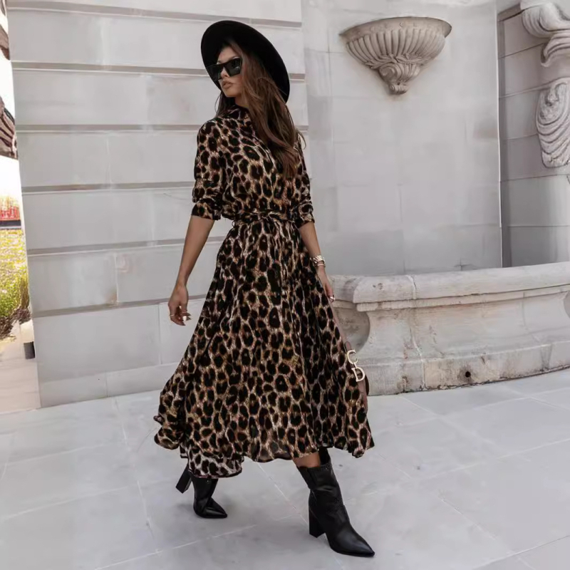 Haljina s leopard uzorkom, dugi rukavi, A-linija silueta, V izrez, midi dužina