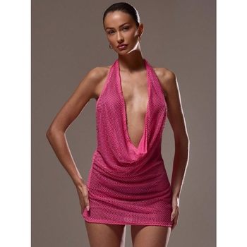 Ženska haljina s halter izrezom i otvorenim leđima, tijesnog kroja bodycon, kratka duljina, pleteni materijal s 50–70% najlona