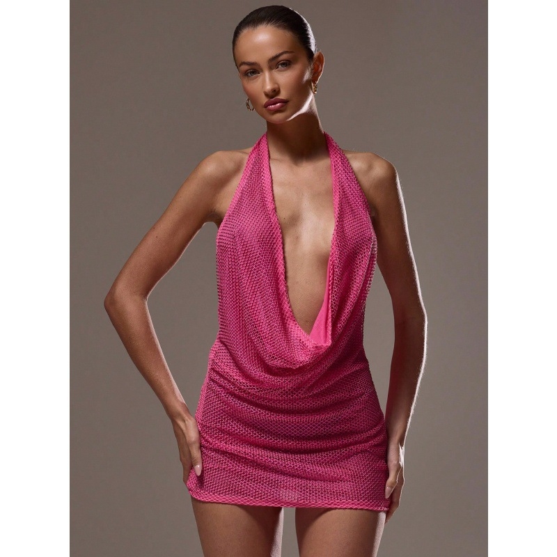 Ženska haljina s halter izrezom i otvorenim leđima, tijesnog kroja bodycon, kratka duljina, pleteni materijal s 50–70% najlona