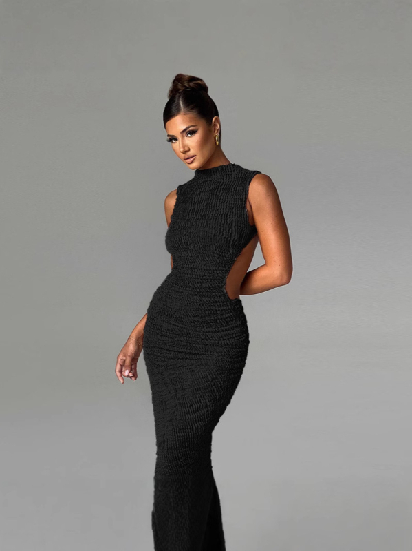 Ženska bodycon haljina s otvorenim leđima, teksturirani materijal, bez rukava, okrugli izrez, duga suknja, euro-američki stil, ljeto 2025.
