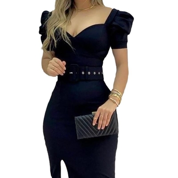 Rochie midi bodycon pentru femei, cu mâneci bufante și guler pătrat (Fabric: hemp blend; Pattern: solid color; Process: collage/stitching; Main fabric: acetate fiber + polyester fiber)