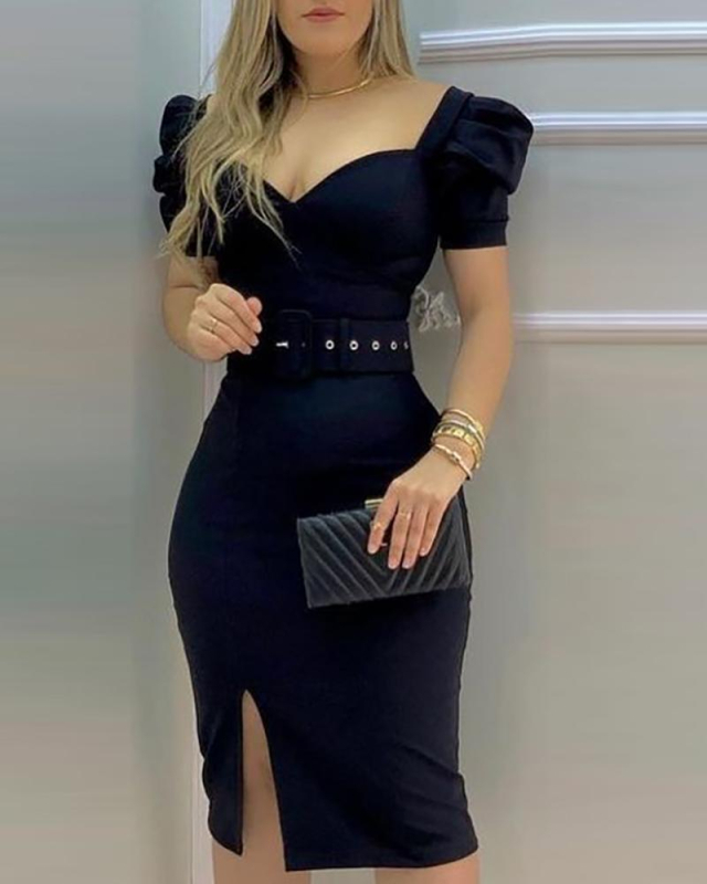 Rochie midi bodycon pentru femei, cu mâneci bufante și guler pătrat (Fabric: hemp blend; Pattern: solid color; Process: collage/stitching; Main fabric: acetate fiber + polyester fiber)