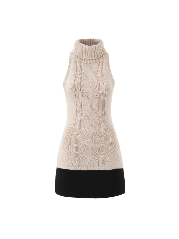 Pletene haljine s visokim ovratnikom, bez rukava, patchwork kontrastni dizajn, tjelesno prilagođena silueta (polyester)