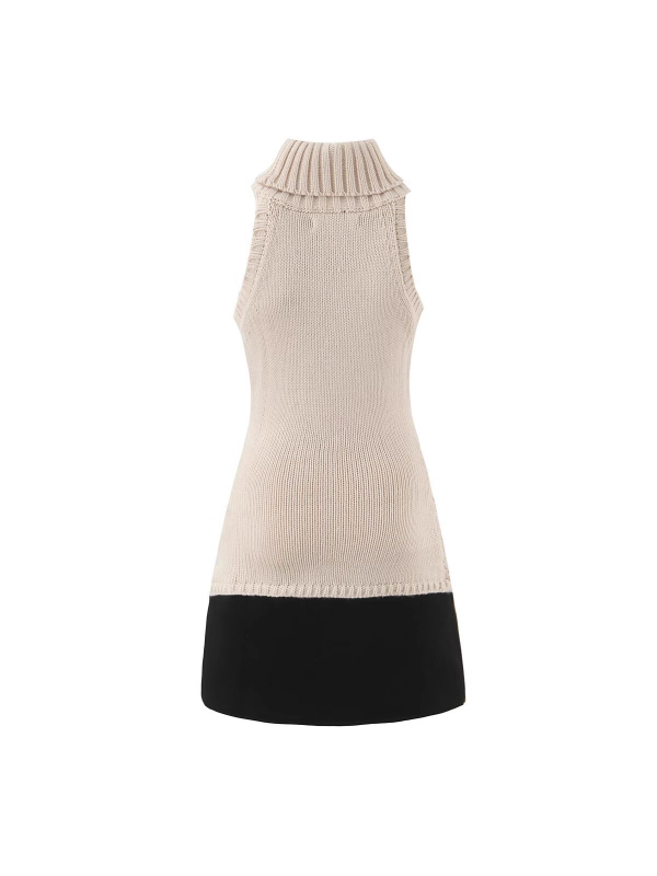 Pletene haljine s visokim ovratnikom, bez rukava, patchwork kontrastni dizajn, tjelesno prilagođena silueta (polyester)