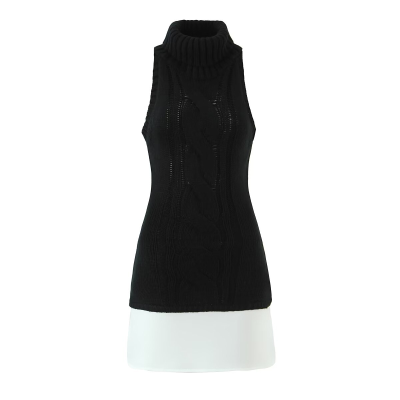 Pletene haljine s visokim ovratnikom, bez rukava, patchwork kontrastni dizajn, tjelesno prilagođena silueta (polyester)