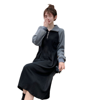 Rochie midi din poliester cu guler polo, model geometric, talie elastică, mâneci lungi