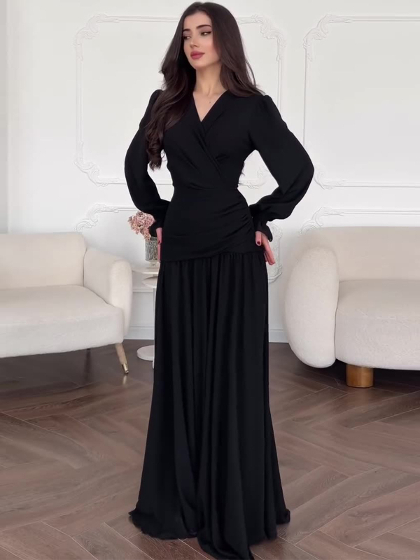 Rochie cu model cu puncte în valuri, talie înaltă, croială A-line, guler pătrat, mâneci clopot