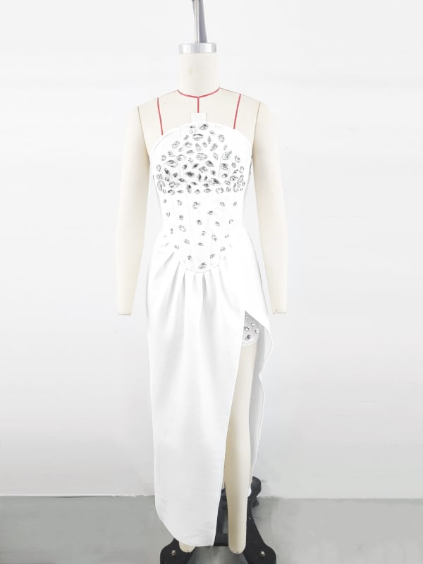 Gyémántdíszítésű bandage estélyi ruha, váll nélküli, hosszú aszimmetrikus szoknya, poliészter