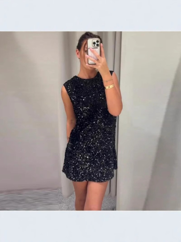 A-vonalú ruha, rövid, kerek nyakú, ujjatlan, poliészter-spandex anyag