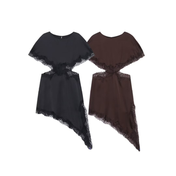 Čipkasta haljina s izloženim strukom i patchworkom – okrugli izrez, midi duljina, mješavina poliestera, europski i američki stil