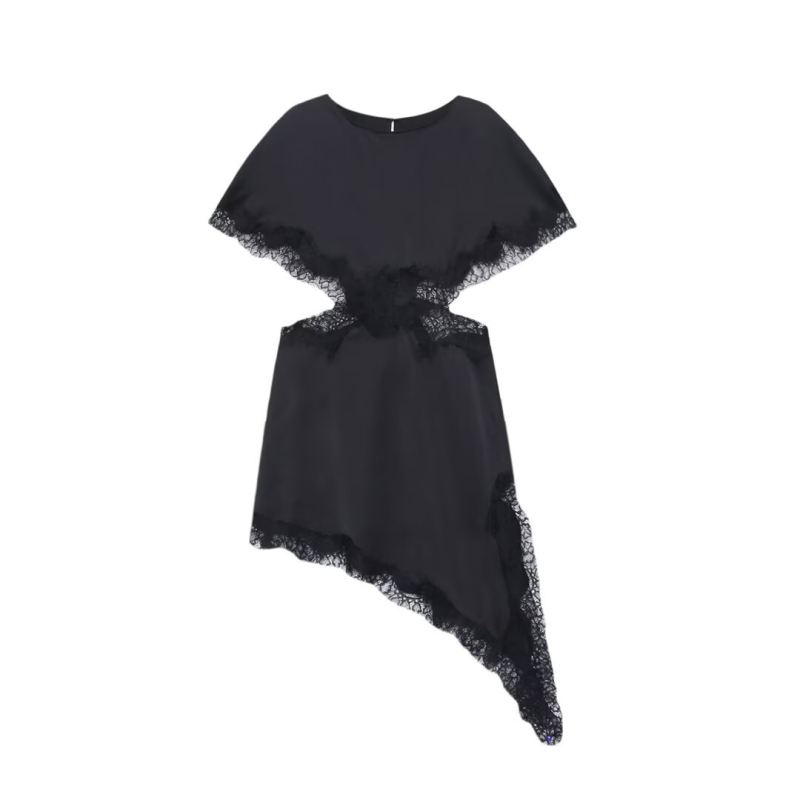 Čipkasta haljina s izloženim strukom i patchworkom – okrugli izrez, midi duljina, mješavina poliestera, europski i američki stil