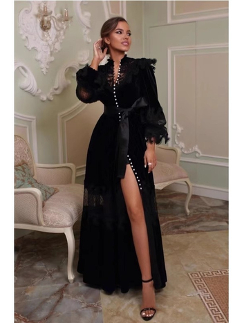 Duga haljina od čipke i baršuna s patchworkom, stojeći ovratnik, lampionski rukavi, visoki struk, oversize silueta