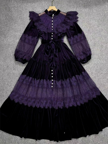 Duga haljina od čipke i baršuna s patchworkom, stojeći ovratnik, lampionski rukavi, visoki struk, oversize silueta