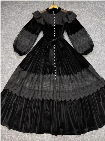 Duga haljina od čipke i baršuna s patchworkom, stojeći ovratnik, lampionski rukavi, visoki struk, oversize silueta