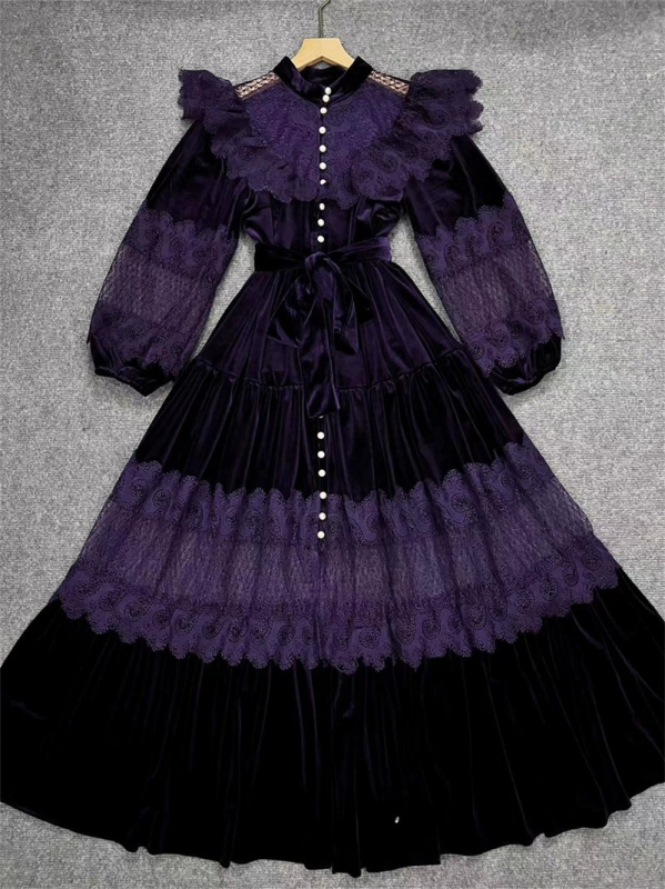 Duga haljina od čipke i baršuna s patchworkom, stojeći ovratnik, lampionski rukavi, visoki struk, oversize silueta