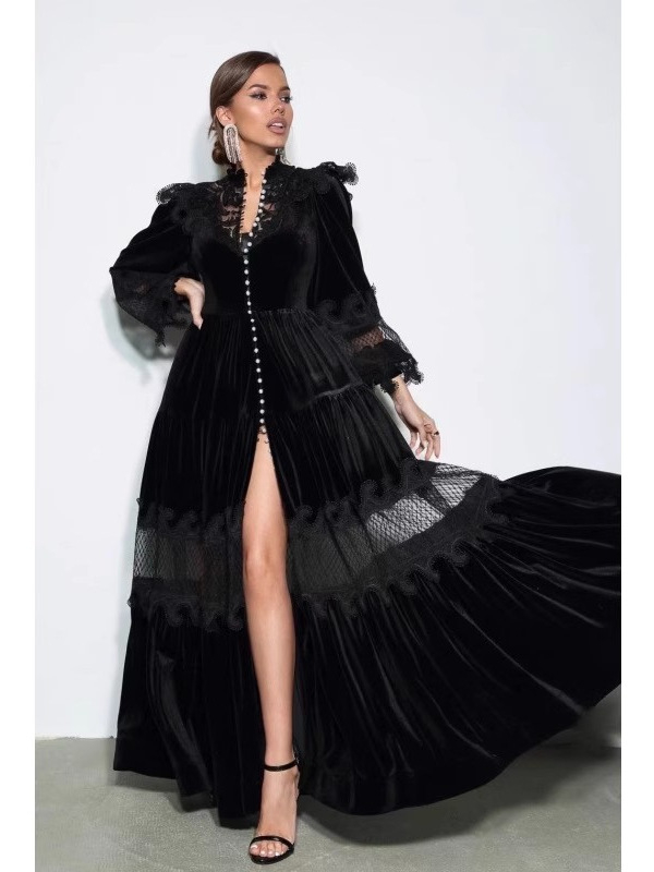 Duga haljina od čipke i baršuna s patchworkom, stojeći ovratnik, lampionski rukavi, visoki struk, oversize silueta