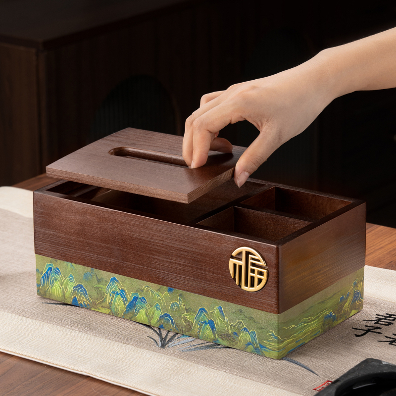 Fából készült asztali zsebkendő tartó távirányító-tárolóval, új kínai stílusú nappaliba