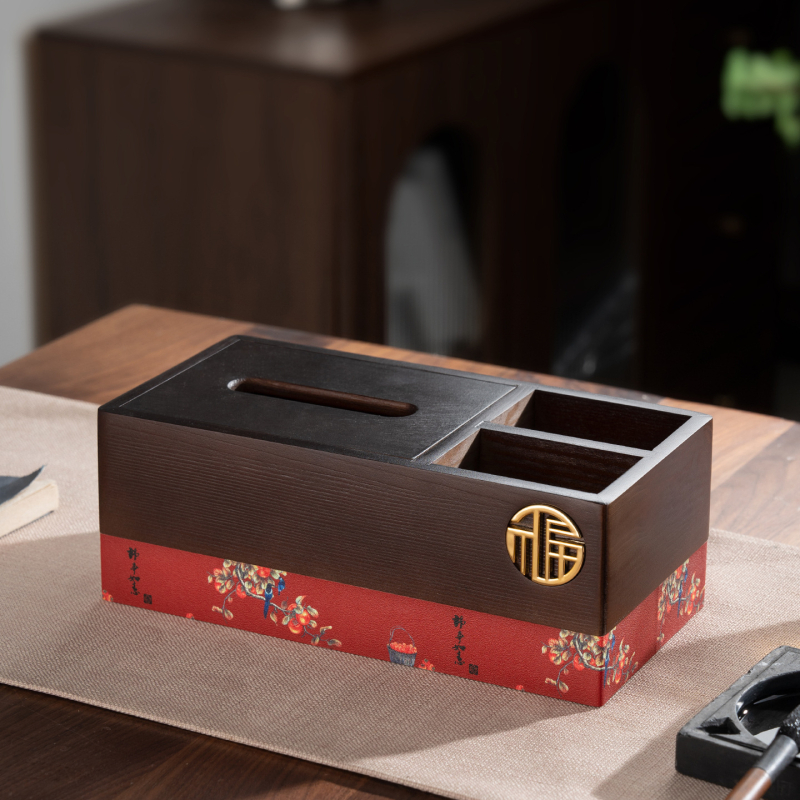 Fából készült asztali zsebkendő tartó távirányító-tárolóval, új kínai stílusú nappaliba