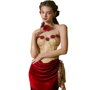 Rochie din poliester, decolteu tip tube-top, fără mâneci, midi, stil retro literar