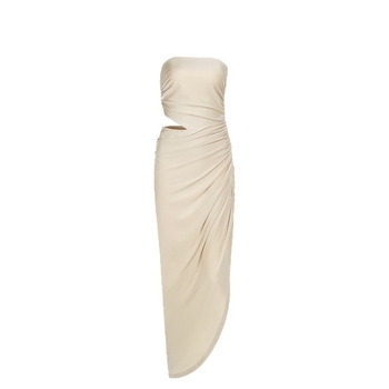 Rochie lungă tricotată – stil top tubular, talie înaltă, fără mâneci, pliuri strânse
