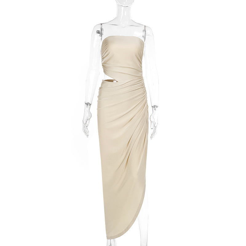 Rochie lungă tricotată – stil top tubular, talie înaltă, fără mâneci, pliuri strânse