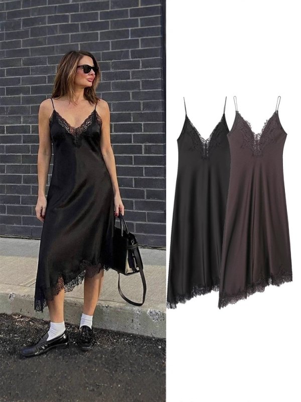 Rochie cu bretele și dantelă - Poliester, decolteu în V, lungime midi, stil european și american