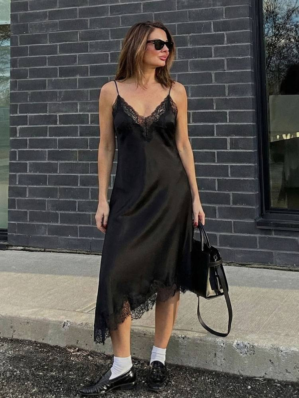 Rochie cu bretele și dantelă - Poliester, decolteu în V, lungime midi, stil european și american
