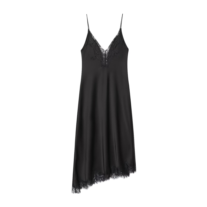 Rochie cu bretele și dantelă - Poliester, decolteu în V, lungime midi, stil european și american