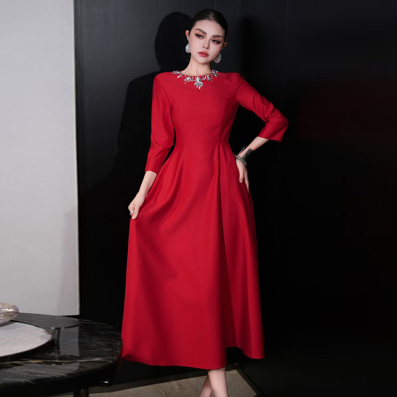 Rochie lungă cu mărgele, fustă tip zână (Poliester; Mărgele; Guler rotund; Mâneci 3/4; Fermoar)