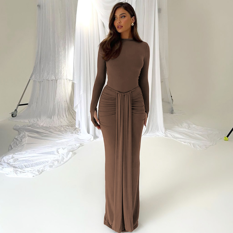 Rochie cu stil patchwork socialite, mâneci lungi, guler rotund, material milk-silk cu textură zbârcită