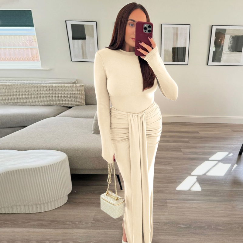 Rochie cu stil patchwork socialite, mâneci lungi, guler rotund, material milk-silk cu textură zbârcită
