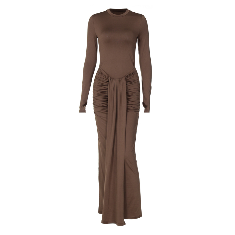 Rochie cu stil patchwork socialite, mâneci lungi, guler rotund, material milk-silk cu textură zbârcită