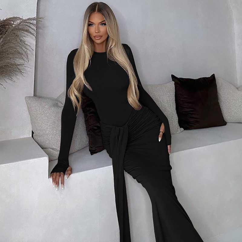 Rochie cu stil patchwork socialite, mâneci lungi, guler rotund, material milk-silk cu textură zbârcită