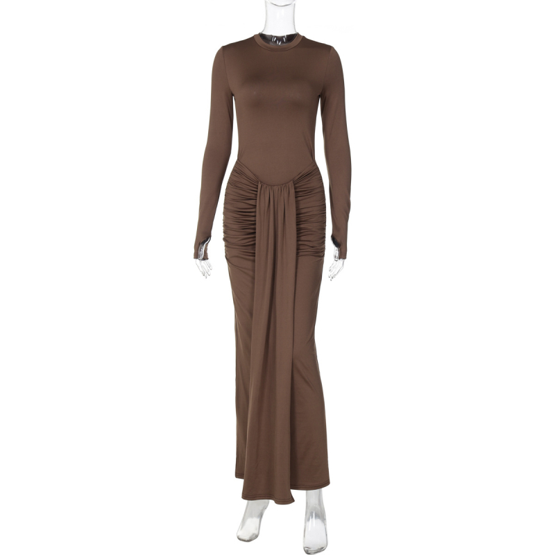 Rochie cu stil patchwork socialite, mâneci lungi, guler rotund, material milk-silk cu textură zbârcită