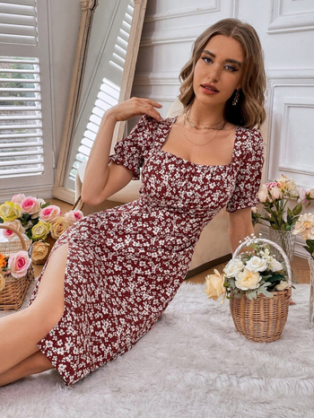 Ženska midi haljina s floralnim uzorkom, stražnji zatvarač, kvadratni ovratnik, A-linija kroj, poliester-elastan
