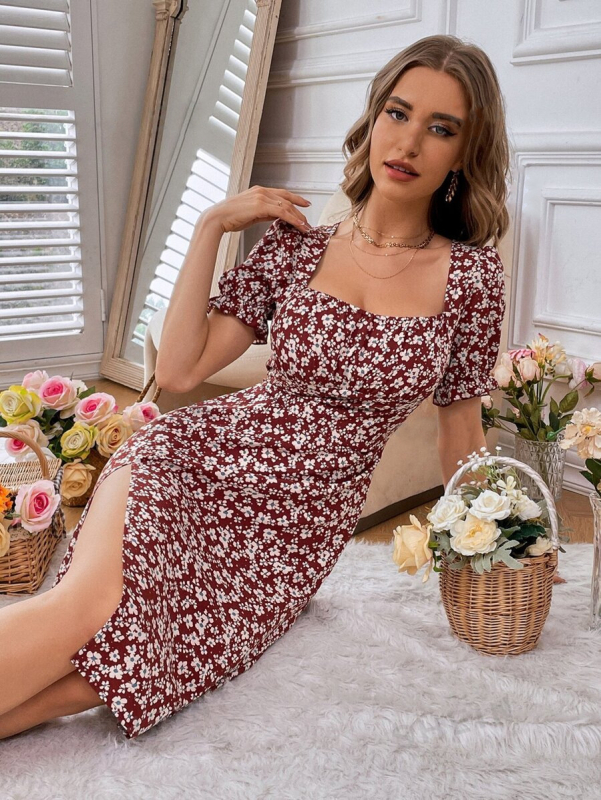 Ženska midi haljina s floralnim uzorkom, stražnji zatvarač, kvadratni ovratnik, A-linija kroj, poliester-elastan