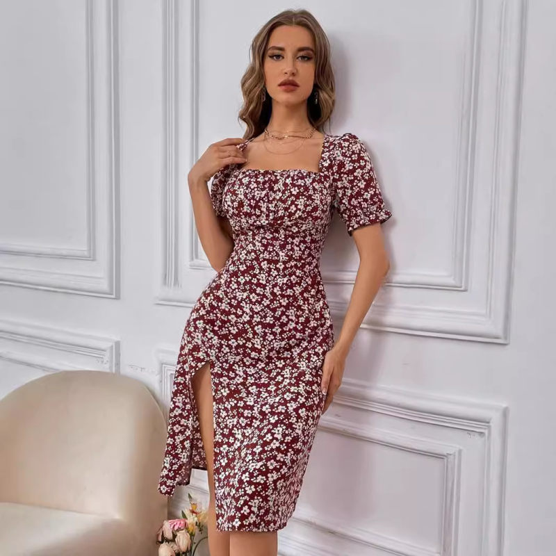 Ženska midi haljina s floralnim uzorkom, stražnji zatvarač, kvadratni ovratnik, A-linija kroj, poliester-elastan