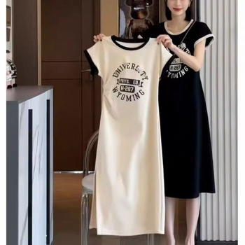 Ljetna haljina A-linije s printom slova, okrugli izrez, kratki rukavi, midi duljina, poliester s elastanom, elegantan stil