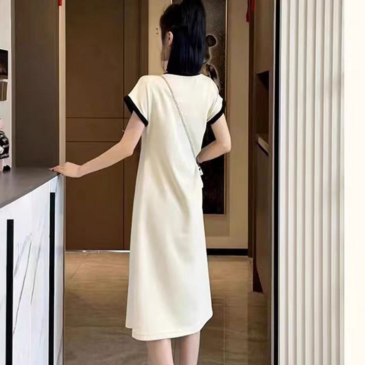 Ljetna haljina A-linije s printom slova, okrugli izrez, kratki rukavi, midi duljina, poliester s elastanom, elegantan stil