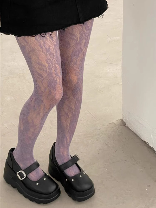 Najlon čarape s cvjetnim uzorkom i mrežastom čipkom, visoka elastičnost, nježna kompresija, stil pantyhose