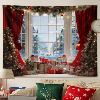 Χριστουγεννιάτικο ταπετσαρία τοίχου με χιονισμένο τοπίο και τζάκι — πολυεστέρας, 100% πολυεστέρας, μηχανική ύφανση, ορθογώνιο, δυνατότητα προσαρμογής