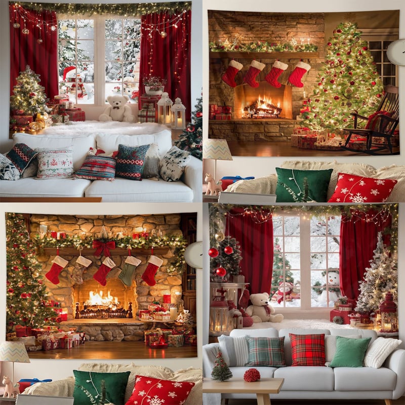 Χριστουγεννιάτικο ταπετσαρία τοίχου με χιονισμένο τοπίο και τζάκι — πολυεστέρας, 100% πολυεστέρας, μηχανική ύφανση, ορθογώνιο, δυνατότητα προσαρμογής