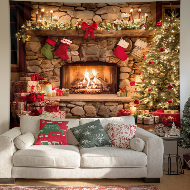 Χριστουγεννιάτικο ταπετσαρία τοίχου με χιονισμένο τοπίο και τζάκι — πολυεστέρας, 100% πολυεστέρας, μηχανική ύφανση, ορθογώνιο, δυνατότητα προσαρμογής