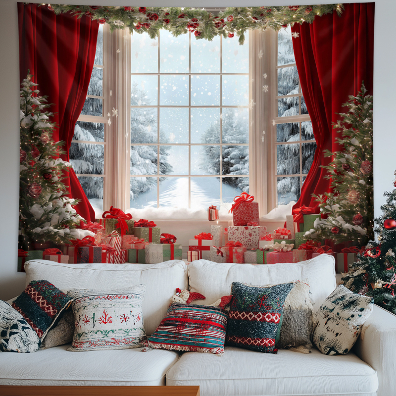 Χριστουγεννιάτικο ταπετσαρία τοίχου με χιονισμένο τοπίο και τζάκι — πολυεστέρας, 100% πολυεστέρας, μηχανική ύφανση, ορθογώνιο, δυνατότητα προσαρμογής