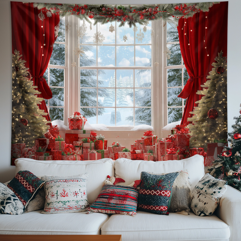 Χριστουγεννιάτικο ταπετσαρία τοίχου με χιονισμένο τοπίο και τζάκι — πολυεστέρας, 100% πολυεστέρας, μηχανική ύφανση, ορθογώνιο, δυνατότητα προσαρμογής