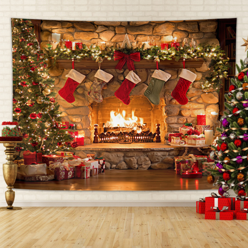 Χριστουγεννιάτικο ταπετσαρία τοίχου με χιονισμένο τοπίο και τζάκι — πολυεστέρας, 100% πολυεστέρας, μηχανική ύφανση, ορθογώνιο, δυνατότητα προσαρμογής