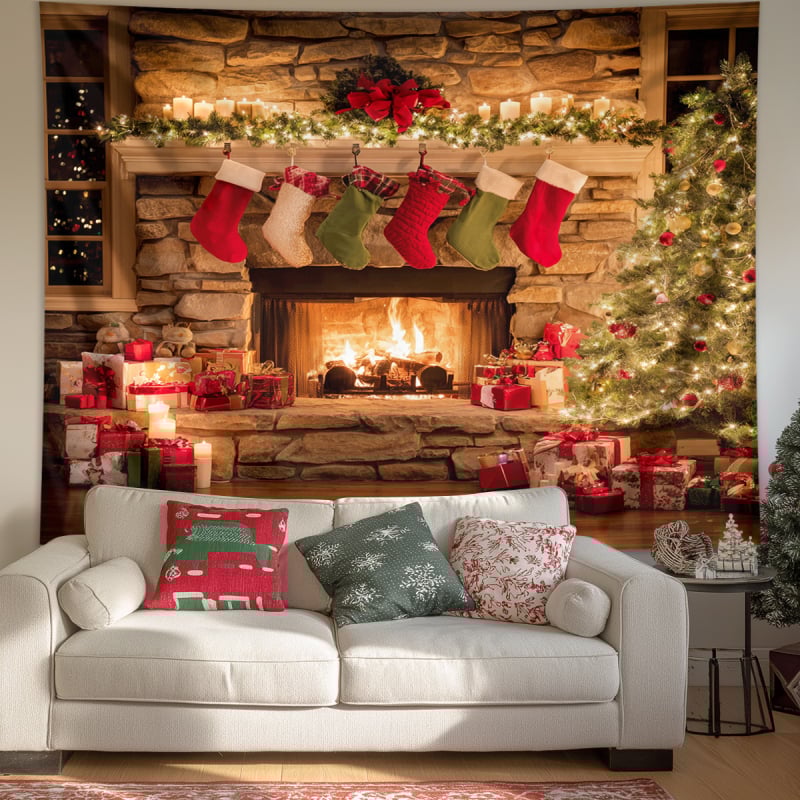 Χριστουγεννιάτικο ταπετσαρία τοίχου με χιονισμένο τοπίο και τζάκι — πολυεστέρας, 100% πολυεστέρας, μηχανική ύφανση, ορθογώνιο, δυνατότητα προσαρμογής