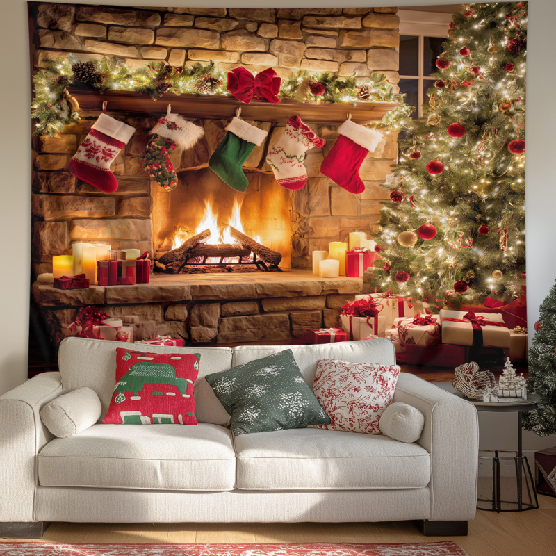 Χριστουγεννιάτικο ταπετσαρία τοίχου με χιονισμένο τοπίο και τζάκι — πολυεστέρας, 100% πολυεστέρας, μηχανική ύφανση, ορθογώνιο, δυνατότητα προσαρμογής